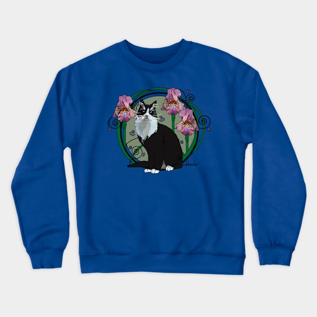 Black and White Cat with Irises 2 Crewneck Sweatshirt by avondalealley